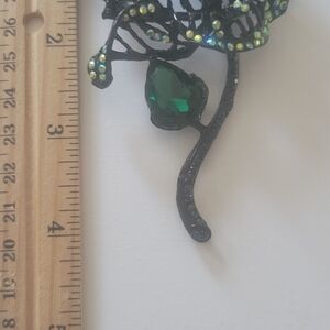 Blazer Brooch: Black Filigree Brooch with Emerald Green Teardrop Stone